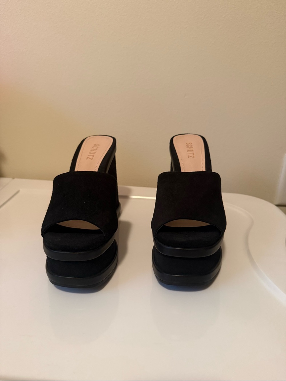 SCHUTZ Black Suede Platform Slide Mules